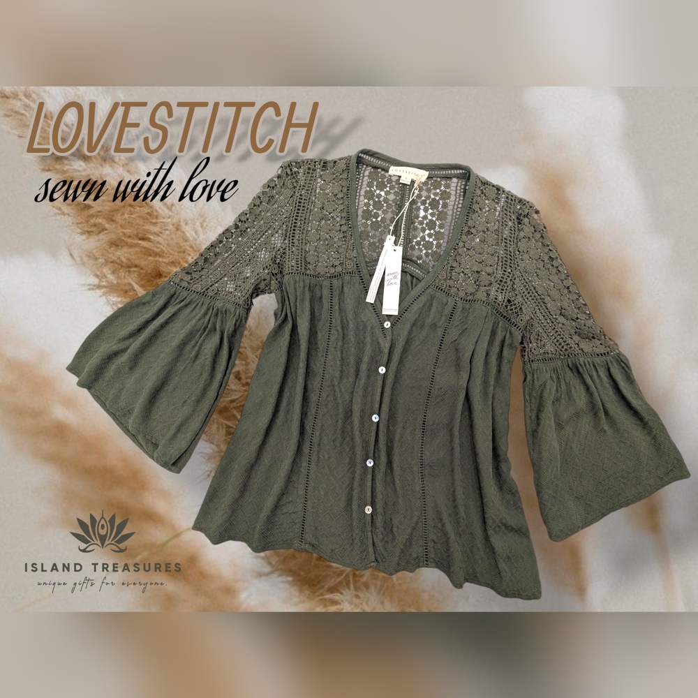 NWT LOVESTITCH Olive Green Sahara Mixed Lace Top Sz Small Rayon Flowy Boho Chic - Picture 17 of 17